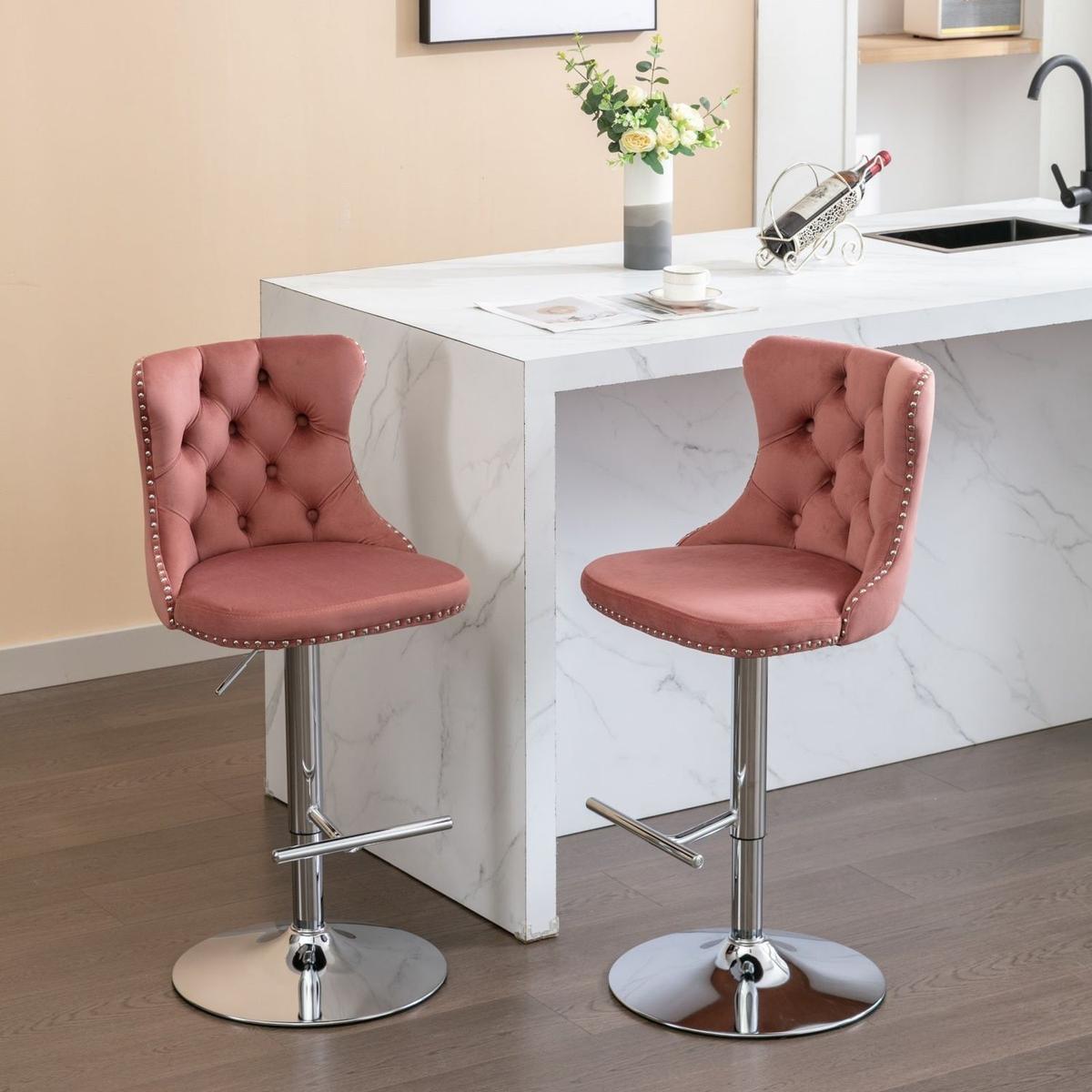 Swivel Velvet Barstools Adjusatble Seat Height from 25-33 Inch, Modern Upholstered Chrome base Bar Stools with Backs Comfortable Tufted for Home Pub and Kitchen Island, Pink,Set of 2