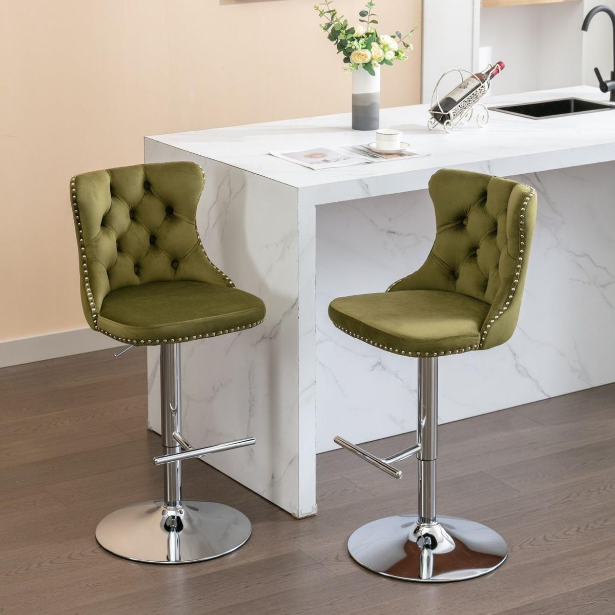 Swivel Velvet Barstools Adjusatble Seat Height from 25-33 Inch, Modern Upholstered Chrome base Bar Stools with Backs Comfortable Tufted for Home Pub and Kitchen Island, Olive-Green,Set of 2