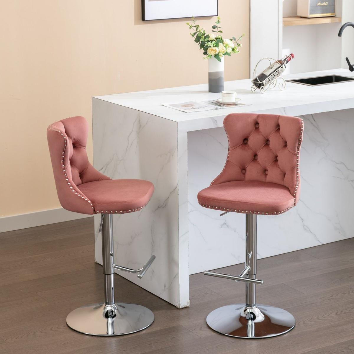 Swivel Velvet Barstools Adjusatble Seat Height from 25-33 Inch, Modern Upholstered Chrome base Bar Stools with Backs Comfortable Tufted for Home Pub and Kitchen Island, Pink,Set of 2