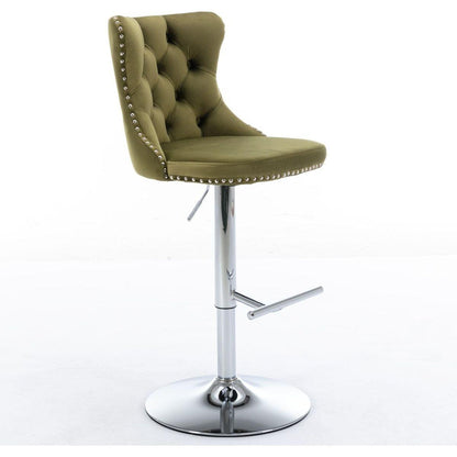 Swivel Velvet Barstools Adjusatble Seat Height from 25-33 Inch, Modern Upholstered Chrome base Bar Stools with Backs Comfortable Tufted for Home Pub and Kitchen Island, Olive-Green,Set of 2