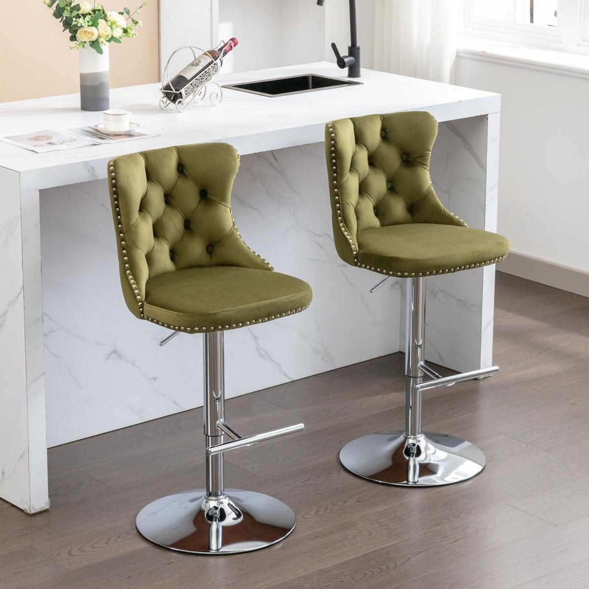 Swivel Velvet Barstools Adjusatble Seat Height from 25-33 Inch, Modern Upholstered Chrome base Bar Stools with Backs Comfortable Tufted for Home Pub and Kitchen Island, Olive-Green,Set of 2