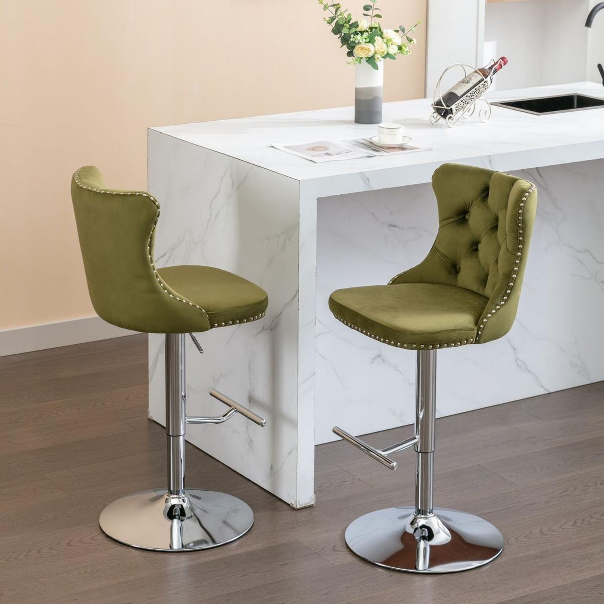Swivel Velvet Barstools Adjusatble Seat Height from 25-33 Inch, Modern Upholstered Chrome base Bar Stools with Backs Comfortable Tufted for Home Pub and Kitchen Island, Olive-Green,Set of 2