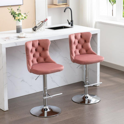 Swivel Velvet Barstools Adjusatble Seat Height from 25-33 Inch, Modern Upholstered Chrome base Bar Stools with Backs Comfortable Tufted for Home Pub and Kitchen Island, Pink,Set of 2