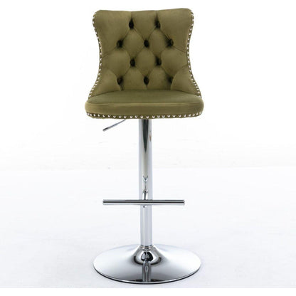 Swivel Velvet Barstools Adjusatble Seat Height from 25-33 Inch, Modern Upholstered Chrome base Bar Stools with Backs Comfortable Tufted for Home Pub and Kitchen Island, Olive-Green,Set of 2