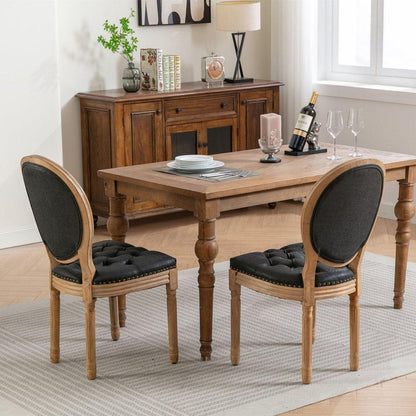 French Style Solid Wood Frame Antique Painting,Hand-pulled buckle decoration PU artificial leather Dining Chair with Nailhead Trim, Wood Legs,Set of 2,Black