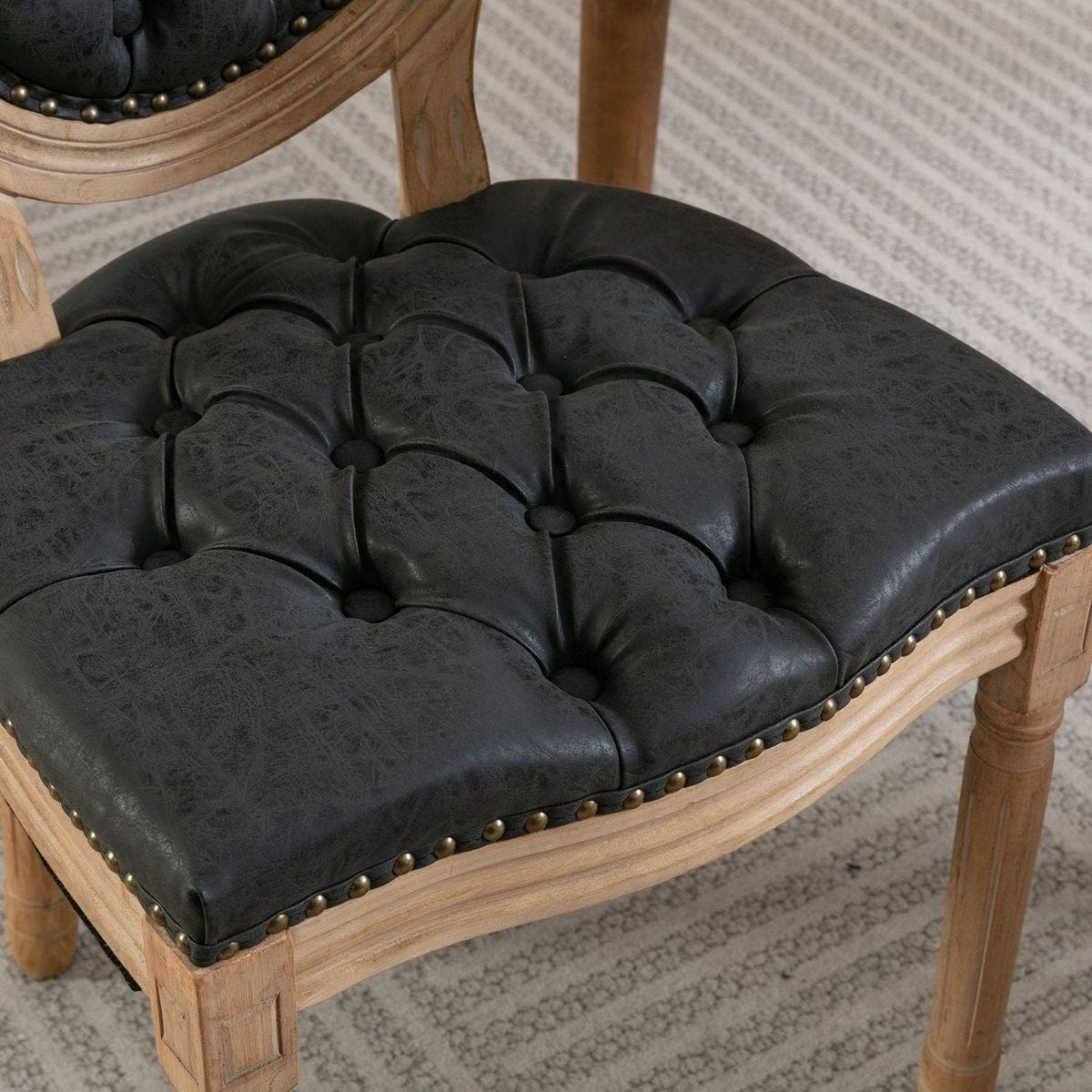 French Style Solid Wood Frame Antique Painting,Hand-pulled buckle decoration PU artificial leather Dining Chair with Nailhead Trim, Wood Legs,Set of 2,Black