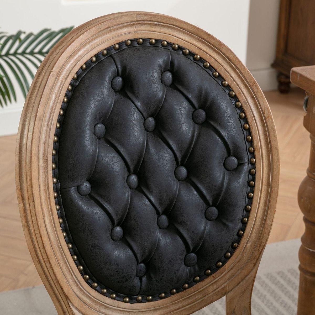 French Style Solid Wood Frame Antique Painting,Hand-pulled buckle decoration PU artificial leather Dining Chair with Nailhead Trim, Wood Legs,Set of 2,Black