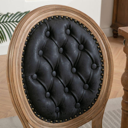 French Style Solid Wood Frame Antique Painting,Hand-pulled buckle decoration PU artificial leather Dining Chair with Nailhead Trim, Wood Legs,Set of 2,Black
