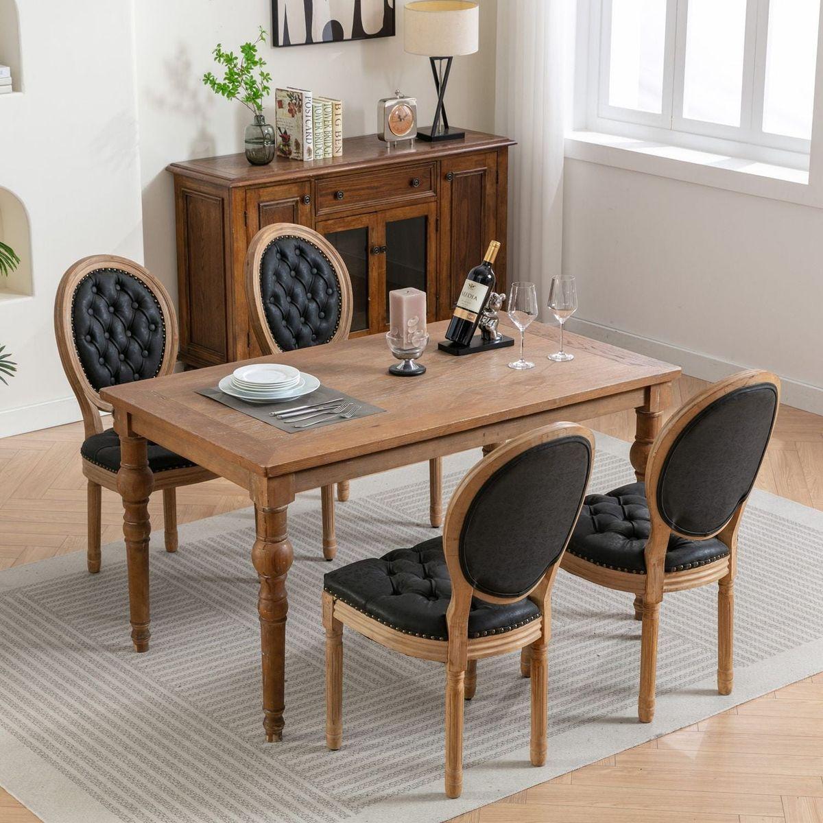 French Style Solid Wood Frame Antique Painting,Hand-pulled buckle decoration PU artificial leather Dining Chair with Nailhead Trim, Wood Legs,Set of 2,Black