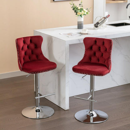 Swivel Velvet Barstools Adjusatble Seat Height from 25-33 Inch, Chrome base Bar Stools with Backs Comfortable Tufted for Home Pub and Kitchen Island, Wine Red,Burgundy,Set of 2