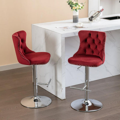 Swivel Velvet Barstools Adjusatble Seat Height from 25-33 Inch, Chrome base Bar Stools with Backs Comfortable Tufted for Home Pub and Kitchen Island, Wine Red,Burgundy,Set of 2