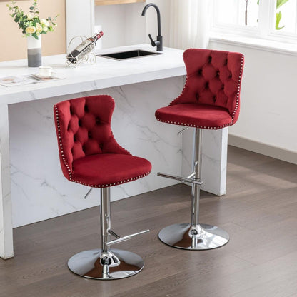 Swivel Velvet Barstools Adjusatble Seat Height from 25-33 Inch, Chrome base Bar Stools with Backs Comfortable Tufted for Home Pub and Kitchen Island, Wine Red,Burgundy,Set of 2