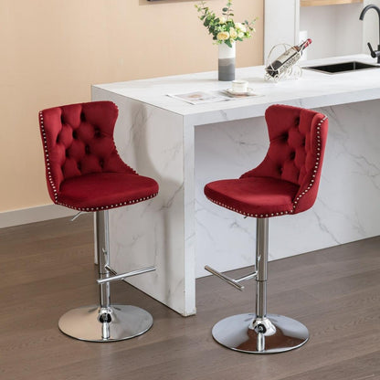 Swivel Velvet Barstools Adjusatble Seat Height from 25-33 Inch, Chrome base Bar Stools with Backs Comfortable Tufted for Home Pub and Kitchen Island, Wine Red,Burgundy,Set of 2