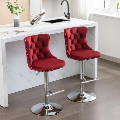 Swivel Velvet Barstools Adjusatble Seat Height from 25-33 Inch, Chrome base Bar Stools with Backs Comfortable Tufted for Home Pub and Kitchen Island, Wine Red,Burgundy,Set of 2