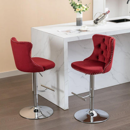 Swivel Velvet Barstools Adjusatble Seat Height from 25-33 Inch, Chrome base Bar Stools with Backs Comfortable Tufted for Home Pub and Kitchen Island, Wine Red,Burgundy,Set of 2