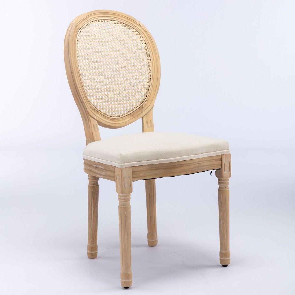 French Style Solid Wood Frame Antique Painting Linen Fabric Rattan Back Dining Chair,Set of 2,Cream,Beige
