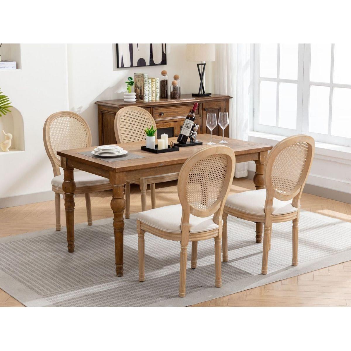 French Style Solid Wood Frame Antique Painting Linen Fabric Rattan Back Dining Chair,Set of 2,Cream,Beige