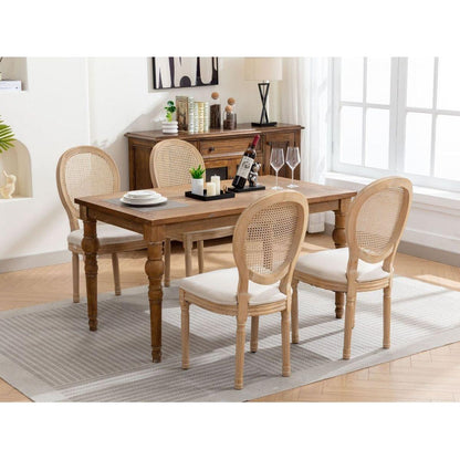 French Style Solid Wood Frame Antique Painting Linen Fabric Rattan Back Dining Chair,Set of 2,Cream,Beige