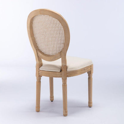 French Style Solid Wood Frame Antique Painting Linen Fabric Rattan Back Dining Chair,Set of 2,Cream,Beige