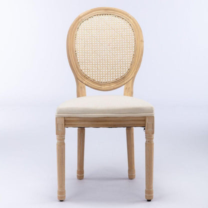 French Style Solid Wood Frame Antique Painting Linen Fabric Rattan Back Dining Chair,Set of 2,Cream,Beige