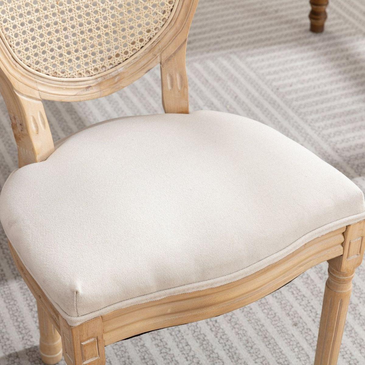 French Style Solid Wood Frame Antique Painting Linen Fabric Rattan Back Dining Chair,Set of 2,Cream,Beige