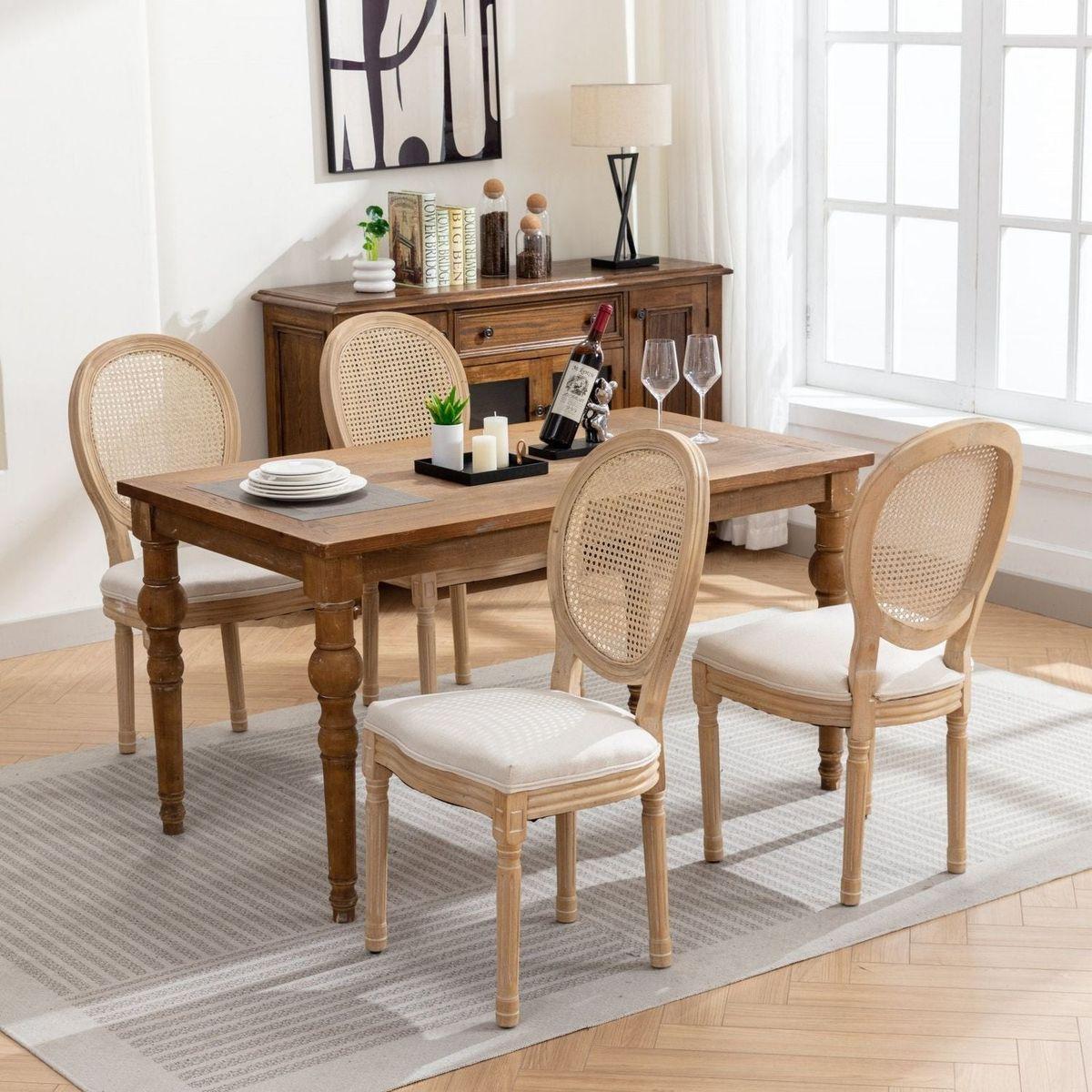 French Style Solid Wood Frame Antique Painting Linen Fabric Rattan Back Dining Chair,Set of 2,Cream,Beige