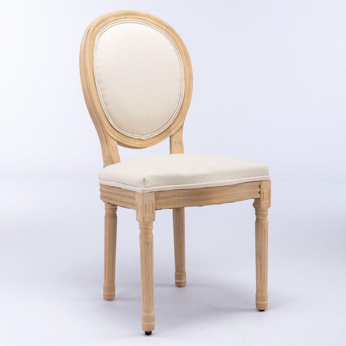 French Style Solid Wood Frame Antique Painting Linen Fabric Back Dining Chair,Set of 2,Beige