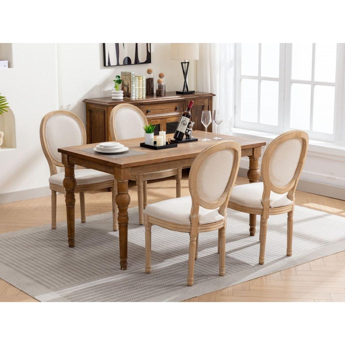 French Style Solid Wood Frame Antique Painting Linen Fabric Back Dining Chair,Set of 2,Beige