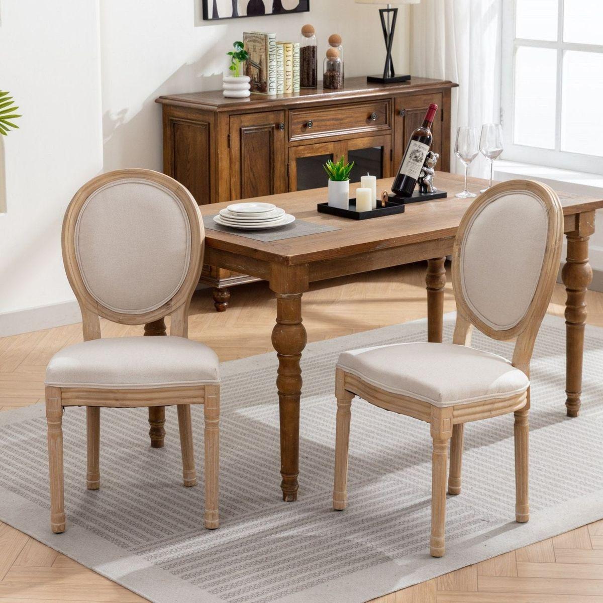 French Style Solid Wood Frame Antique Painting Linen Fabric Back Dining Chair,Set of 2,Beige