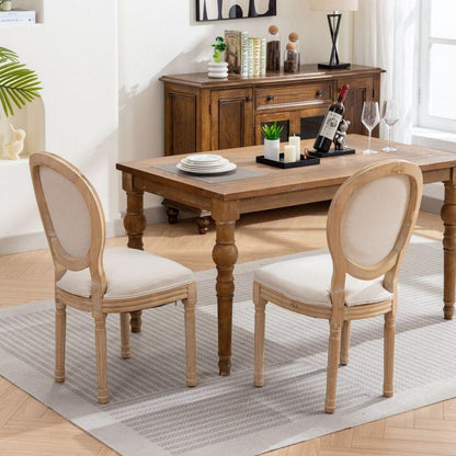 French Style Solid Wood Frame Antique Painting Linen Fabric Back Dining Chair,Set of 2,Beige
