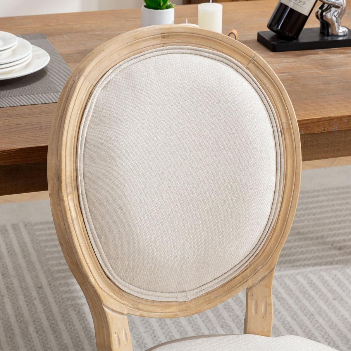 French Style Solid Wood Frame Antique Painting Linen Fabric Back Dining Chair,Set of 2,Beige