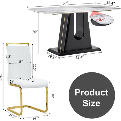 1 table and 6 chairs. Modern, simple and luxurious white imitation marble rectangular dining table and desk with 6 white PU gold plated leg chairs 63" x 35.4" X 30"