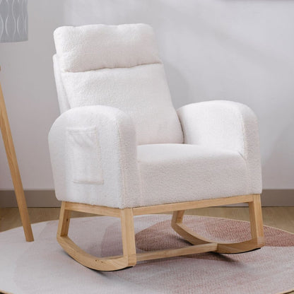 Modern Accent Rocking Chair Rocking Chair with Solid Wood Legs, Upholstered Nursery Glider Rocker, Comfy Armchair with Side Pocket, Living Room Lounge Arm Chair with High Backrest (White,teddy)