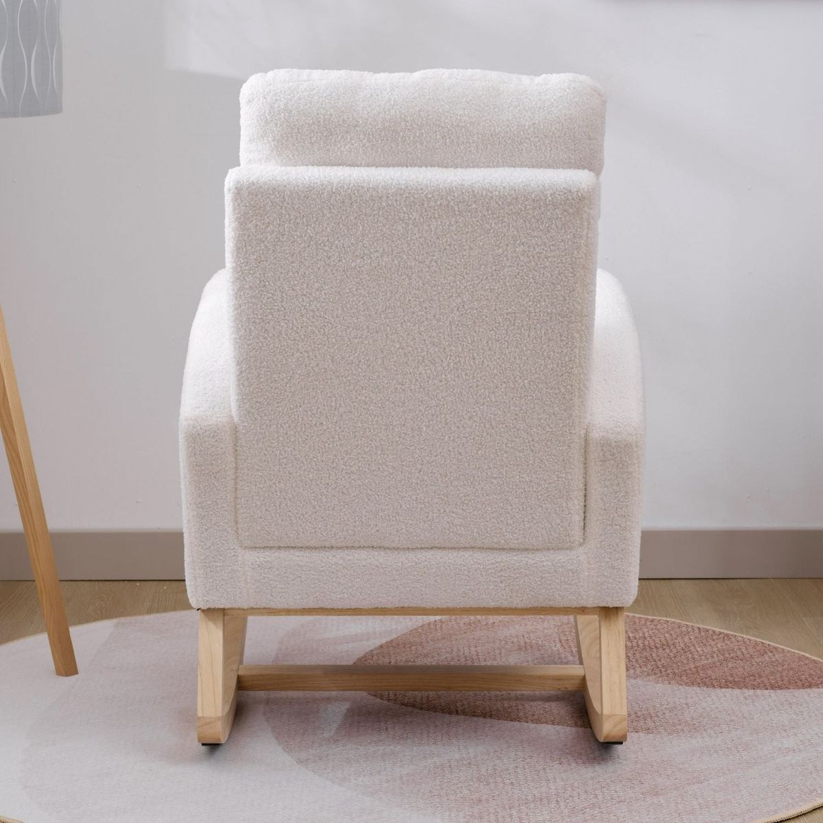 Modern Accent Rocking Chair Rocking Chair with Solid Wood Legs, Upholstered Nursery Glider Rocker, Comfy Armchair with Side Pocket, Living Room Lounge Arm Chair with High Backrest (White,teddy)