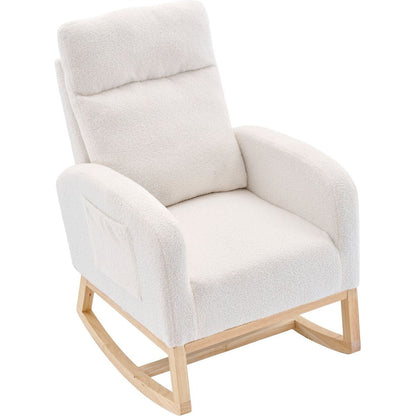 Modern Accent Rocking Chair Rocking Chair with Solid Wood Legs, Upholstered Nursery Glider Rocker, Comfy Armchair with Side Pocket, Living Room Lounge Arm Chair with High Backrest (White,teddy)