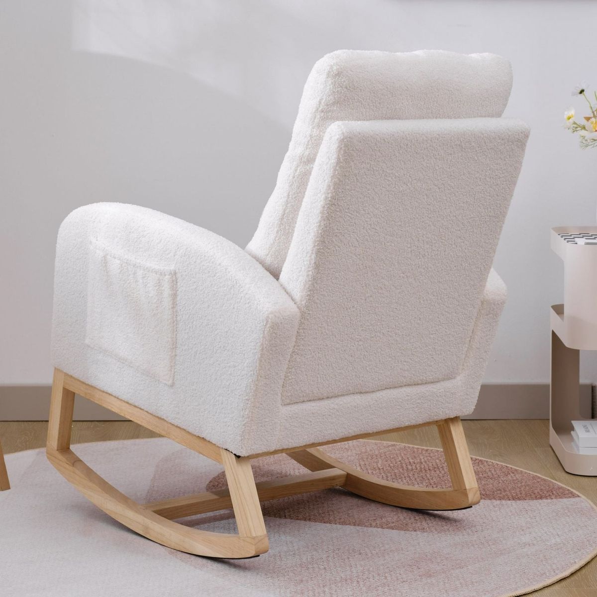 Modern Accent Rocking Chair Rocking Chair with Solid Wood Legs, Upholstered Nursery Glider Rocker, Comfy Armchair with Side Pocket, Living Room Lounge Arm Chair with High Backrest (White,teddy)