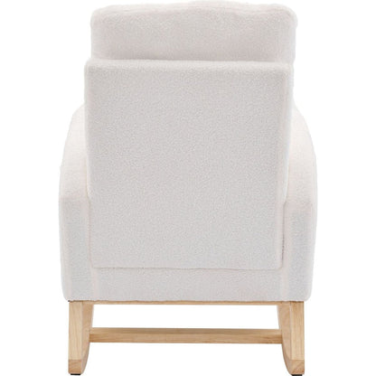 Modern Accent Rocking Chair Rocking Chair with Solid Wood Legs, Upholstered Nursery Glider Rocker, Comfy Armchair with Side Pocket, Living Room Lounge Arm Chair with High Backrest (White,teddy)