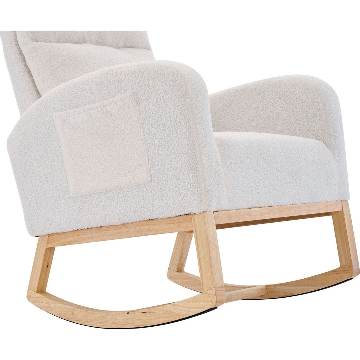 Modern Accent Rocking Chair Rocking Chair with Solid Wood Legs, Upholstered Nursery Glider Rocker, Comfy Armchair with Side Pocket, Living Room Lounge Arm Chair with High Backrest (White,teddy)