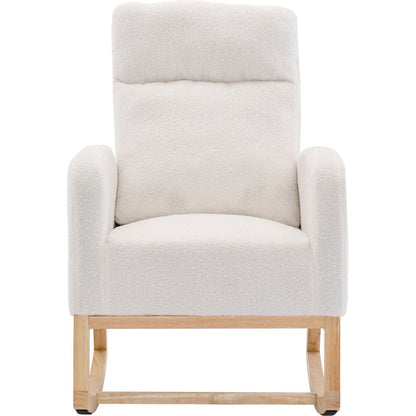 Modern Accent Rocking Chair Rocking Chair with Solid Wood Legs, Upholstered Nursery Glider Rocker, Comfy Armchair with Side Pocket, Living Room Lounge Arm Chair with High Backrest (White,teddy)