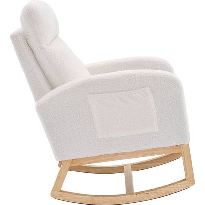 Modern Accent Rocking Chair Rocking Chair with Solid Wood Legs, Upholstered Nursery Glider Rocker, Comfy Armchair with Side Pocket, Living Room Lounge Arm Chair with High Backrest (White,teddy)