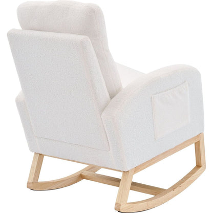 Modern Accent Rocking Chair Rocking Chair with Solid Wood Legs, Upholstered Nursery Glider Rocker, Comfy Armchair with Side Pocket, Living Room Lounge Arm Chair with High Backrest (White,teddy)