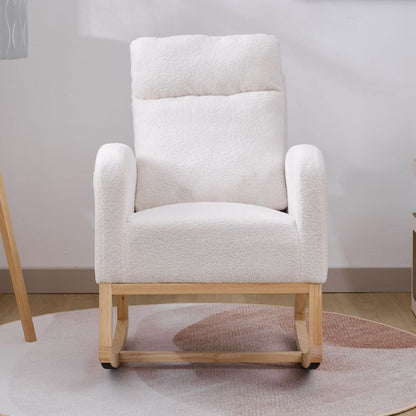 Modern Accent Rocking Chair Rocking Chair with Solid Wood Legs, Upholstered Nursery Glider Rocker, Comfy Armchair with Side Pocket, Living Room Lounge Arm Chair with High Backrest (White,teddy)