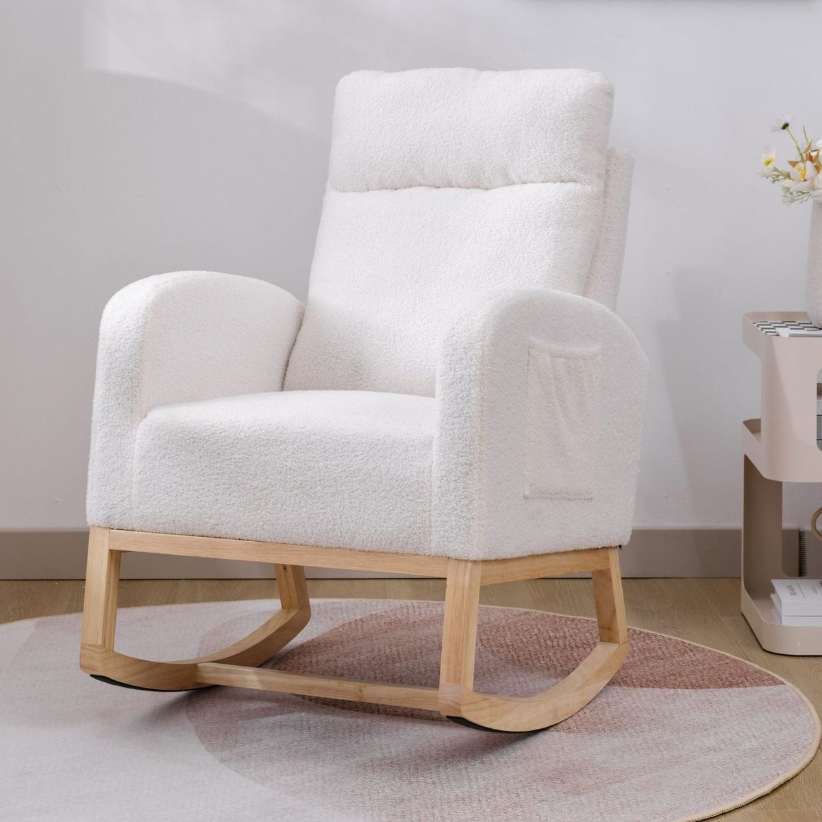 Modern Accent Rocking Chair Rocking Chair with Solid Wood Legs, Upholstered Nursery Glider Rocker, Comfy Armchair with Side Pocket, Living Room Lounge Arm Chair with High Backrest (White,teddy)