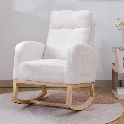 Modern Accent Rocking Chair Rocking Chair with Solid Wood Legs, Upholstered Nursery Glider Rocker, Comfy Armchair with Side Pocket, Living Room Lounge Arm Chair with High Backrest (White,teddy)