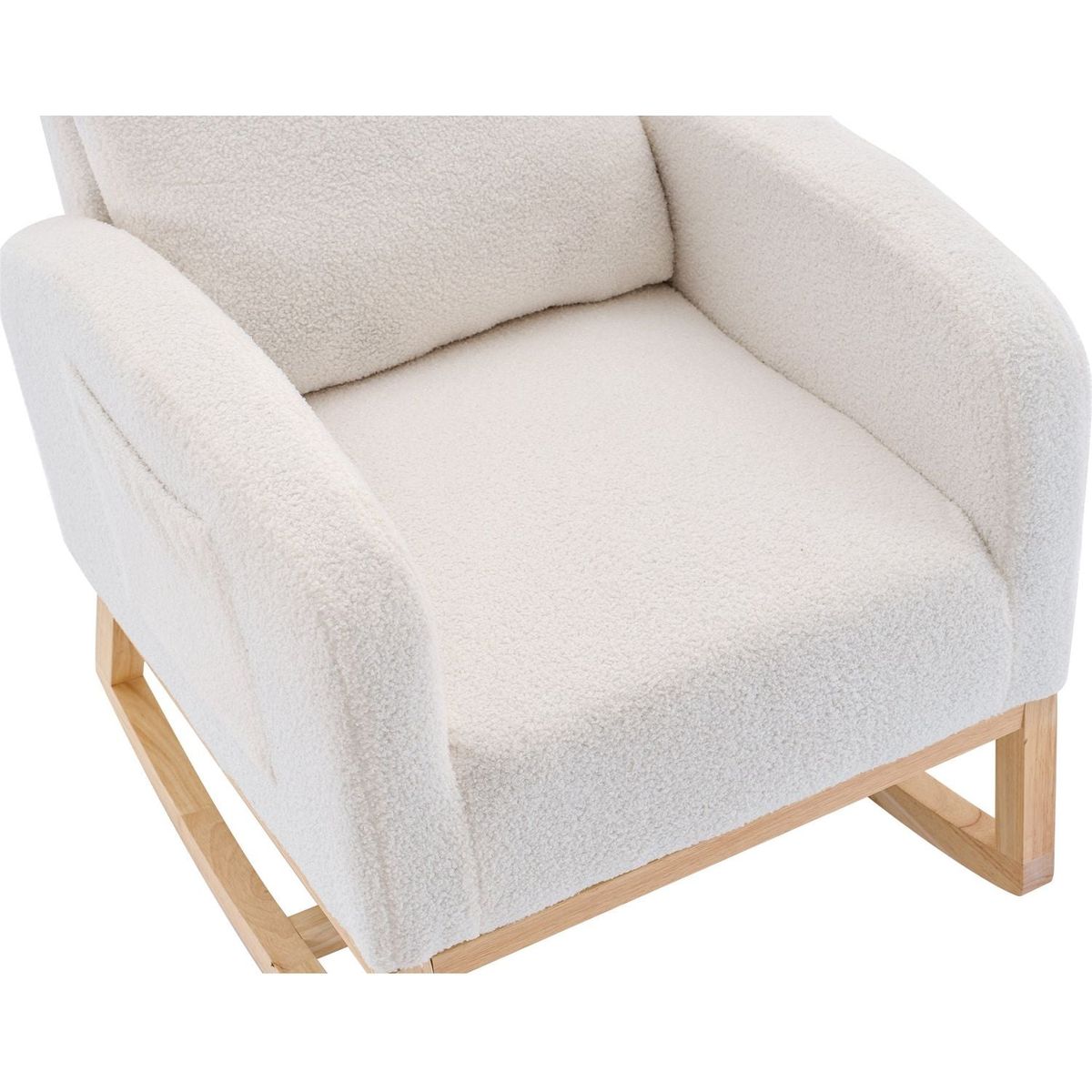 Modern Accent Rocking Chair Rocking Chair with Solid Wood Legs, Upholstered Nursery Glider Rocker, Comfy Armchair with Side Pocket, Living Room Lounge Arm Chair with High Backrest (White,teddy)