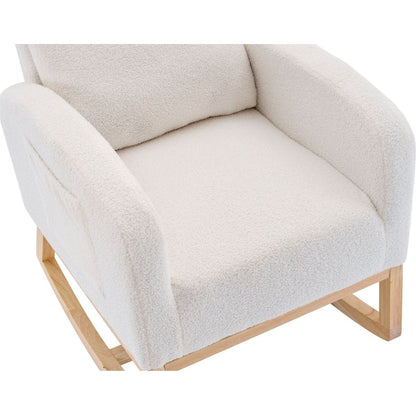 Modern Accent Rocking Chair Rocking Chair with Solid Wood Legs, Upholstered Nursery Glider Rocker, Comfy Armchair with Side Pocket, Living Room Lounge Arm Chair with High Backrest (White,teddy)