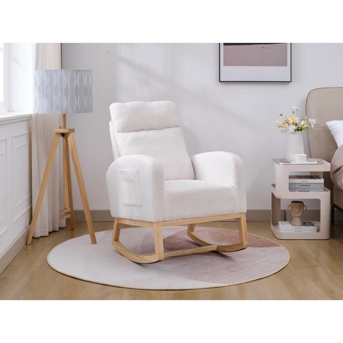 Modern Accent Rocking Chair Rocking Chair with Solid Wood Legs, Upholstered Nursery Glider Rocker, Comfy Armchair with Side Pocket, Living Room Lounge Arm Chair with High Backrest (White,teddy)