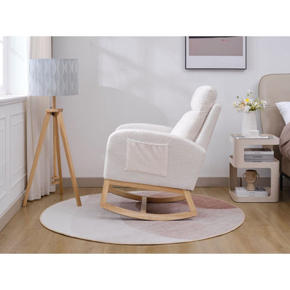 Modern Accent Rocking Chair Rocking Chair with Solid Wood Legs, Upholstered Nursery Glider Rocker, Comfy Armchair with Side Pocket, Living Room Lounge Arm Chair with High Backrest (White,teddy)