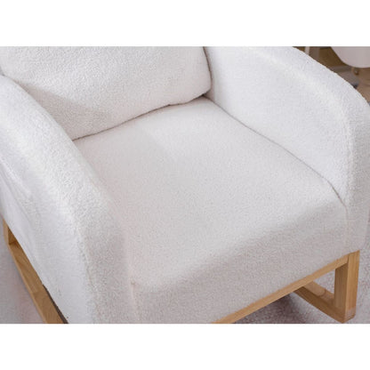 Modern Accent Rocking Chair Rocking Chair with Solid Wood Legs, Upholstered Nursery Glider Rocker, Comfy Armchair with Side Pocket, Living Room Lounge Arm Chair with High Backrest (White,teddy)