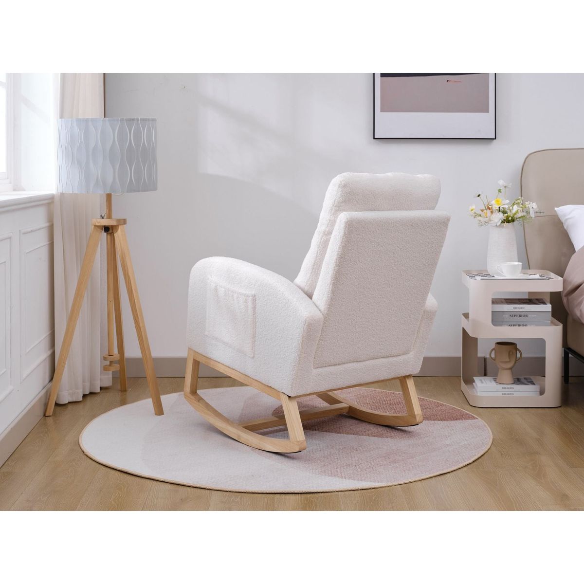 Modern Accent Rocking Chair Rocking Chair with Solid Wood Legs, Upholstered Nursery Glider Rocker, Comfy Armchair with Side Pocket, Living Room Lounge Arm Chair with High Backrest (White,teddy)